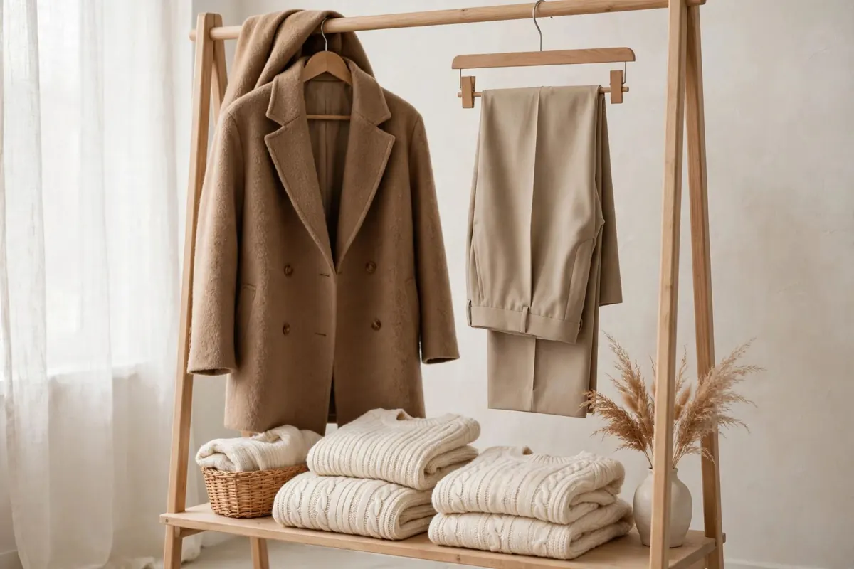 Example apparel storefront imagery — camel coat, tailored trousers and knit sweaters on a wooden garment rack