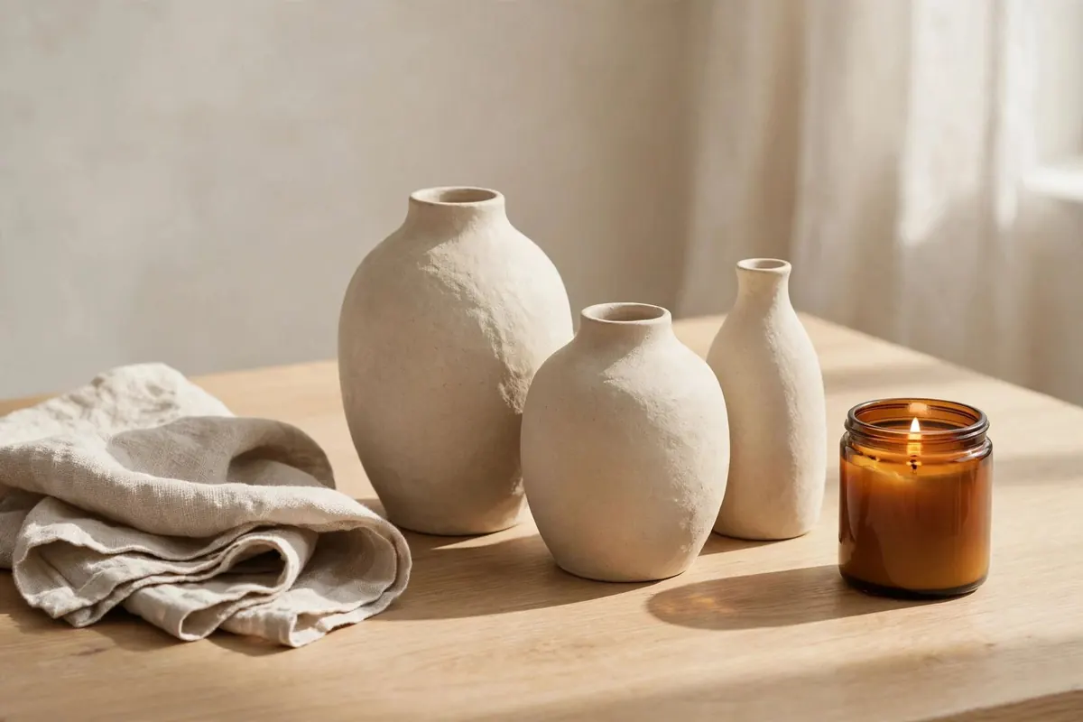 Example home-goods storefront imagery — ceramic vases, amber candle and linen throw in warm sunlight