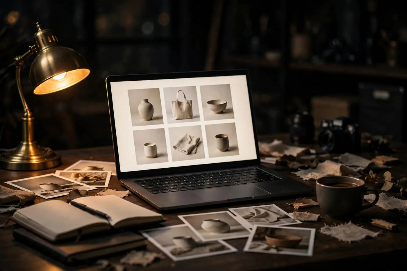 A work desk with a laptop showing an online store in progress